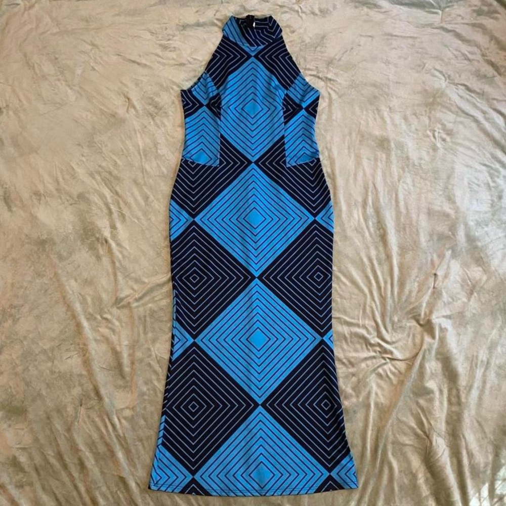 Geometric Blue and Black Sleeveless Dress